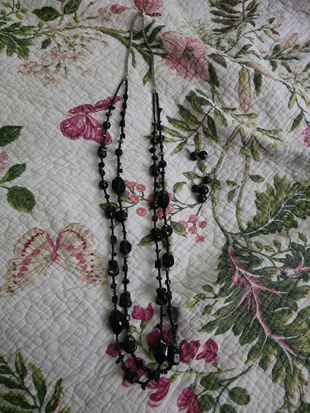 Black Beaded Multi-Strand Necklace and Earring Set - Classic Women's Jewelry
